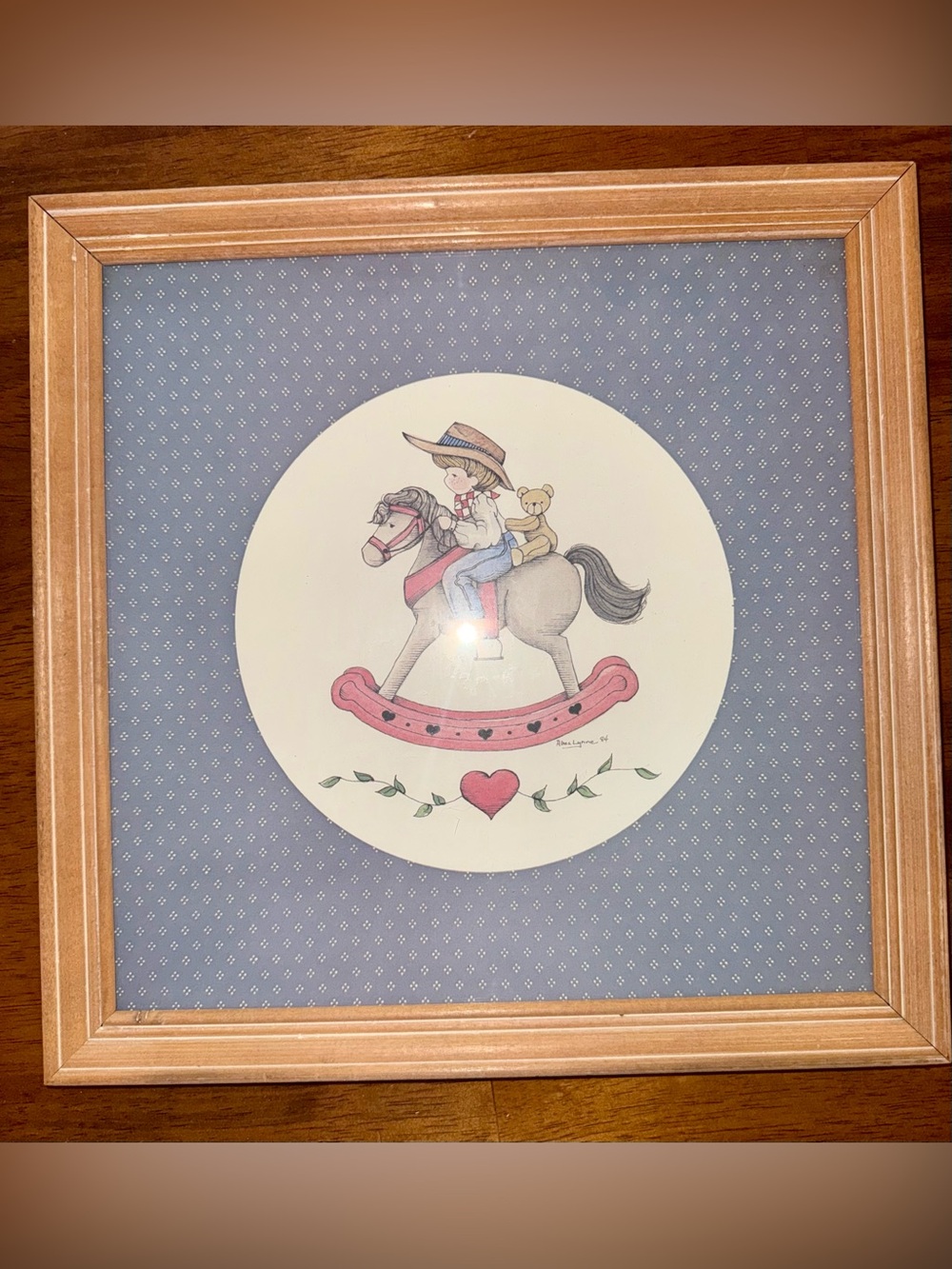 Vintage Framed Print Alma Lynne ‘86 Nursery Rocking Horse Teddy Bear Nostalgic